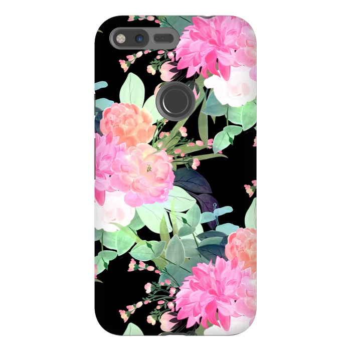 Pixel XL StrongFit Trendy Pink & Black Flowers Watercolor Design by InovArts