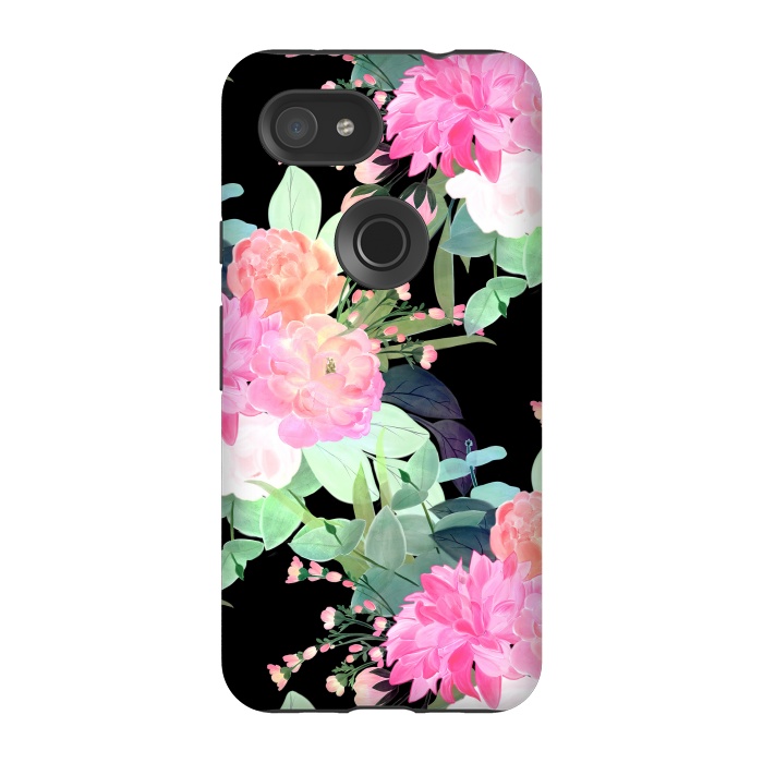 Pixel 3A StrongFit Trendy Pink & Black Flowers Watercolor Design by InovArts