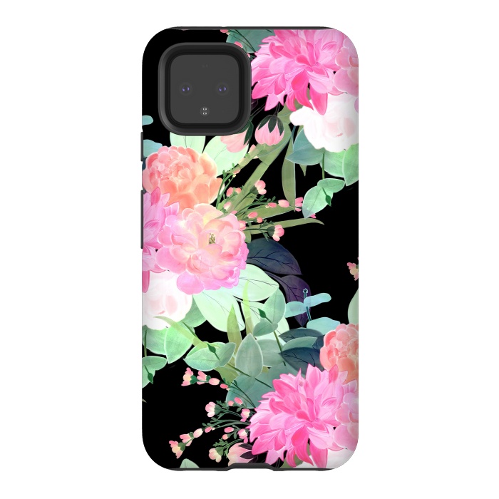 Pixel 4 StrongFit Trendy Pink & Black Flowers Watercolor Design by InovArts