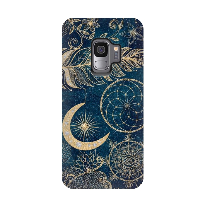 Galaxy S9 StrongFit Whimsy Gold Glitter Dreamcatcher Feathers Mandala by InovArts