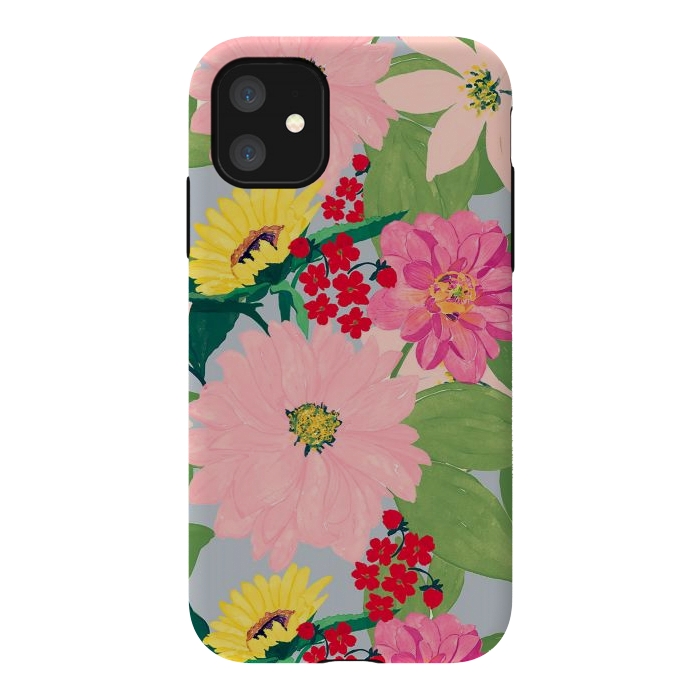 iPhone 11 StrongFit Elegant Watercolor Sunflowers Blush Floral Gray Design by InovArts