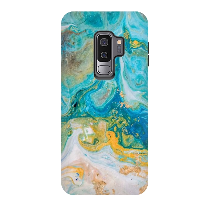 Galaxy S9 plus StrongFit Blue Acrylic Texture with Golden Marble Motifs by ArtsCase