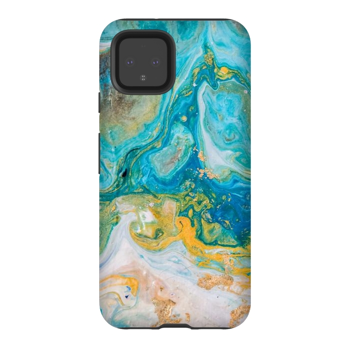 Pixel 4 StrongFit Blue Acrylic Texture with Golden Marble Motifs by ArtsCase