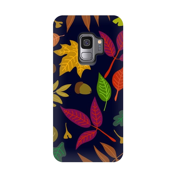 Galaxy S9 StrongFit Colorful Leaves and Acorns on Black Background by ArtsCase