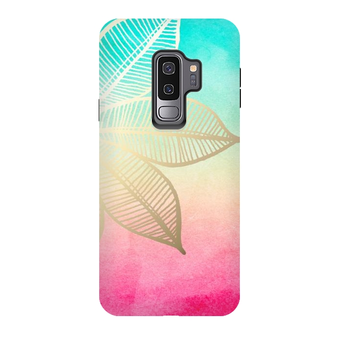 Galaxy S9 plus StrongFit Gold Flower on Turquoise and Pink Watercolor by Tangerine-Tane