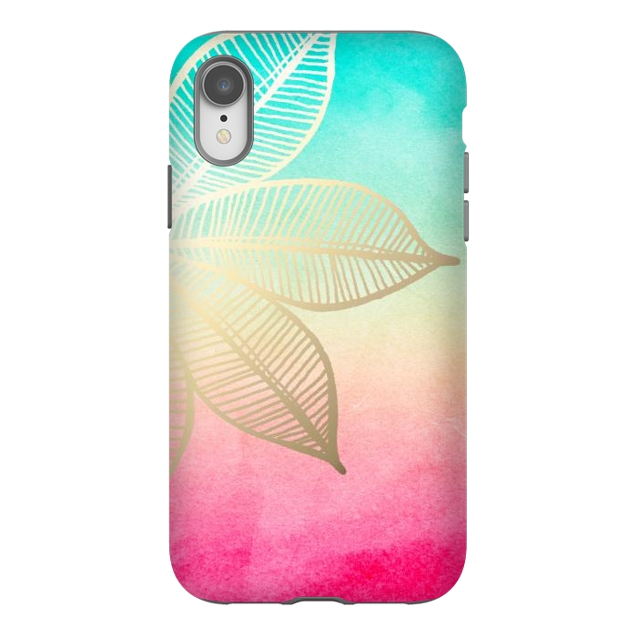 iPhone Xr StrongFit Gold Flower on Turquoise and Pink Watercolor by Tangerine-Tane