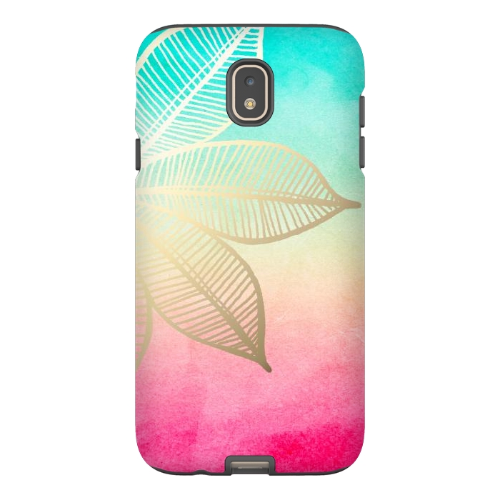 Galaxy J7 StrongFit Gold Flower on Turquoise and Pink Watercolor by Tangerine-Tane