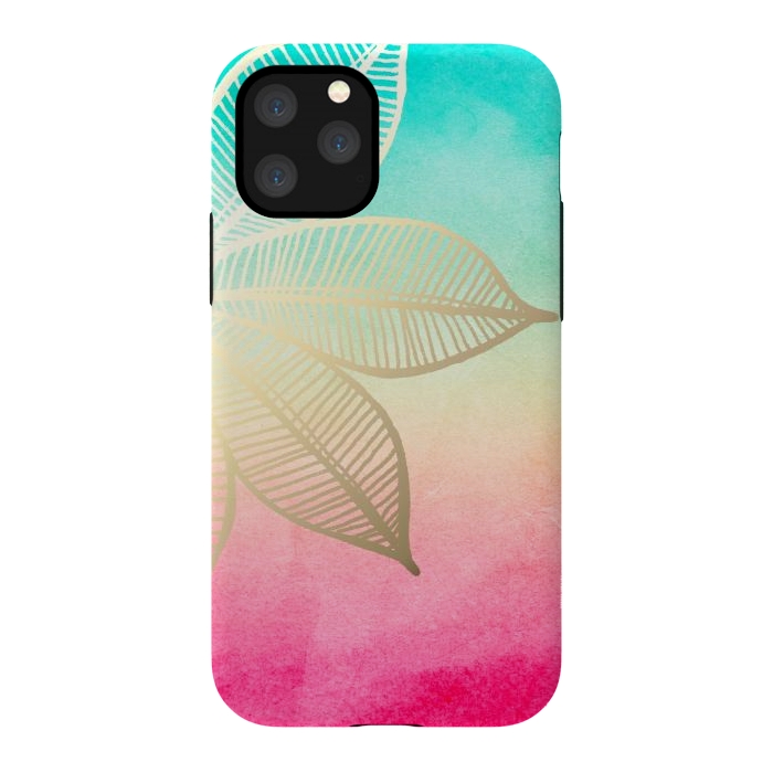 iPhone 11 Pro StrongFit Gold Flower on Turquoise and Pink Watercolor by Tangerine-Tane