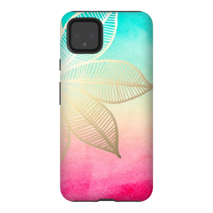 Pixel 4XL StrongFit Gold Flower on Turquoise and Pink Watercolor by Tangerine-Tane