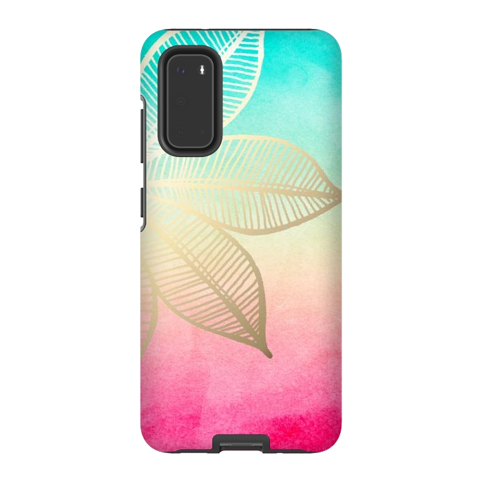 Galaxy S20 StrongFit Gold Flower on Turquoise and Pink Watercolor by Tangerine-Tane