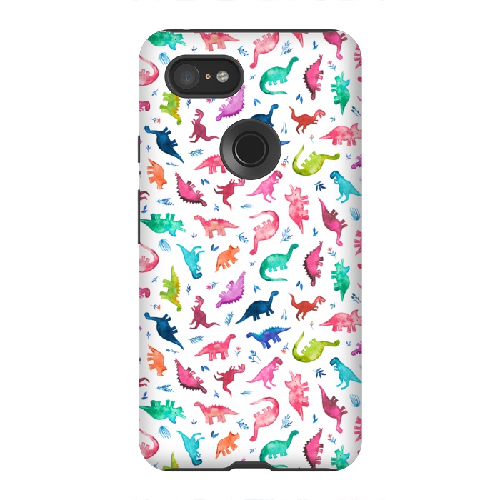 Pixel 3XL StrongFit Tiny Ditsy Watercolor Dinosaurs in Rainbow Colors by Micklyn Le Feuvre