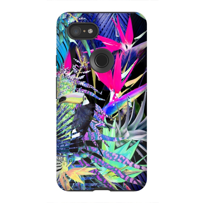 Pixel 3XL StrongFit Colorful neon toucan and strelitzia jungle pattern by Oana 