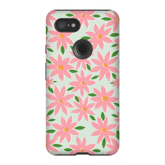 Pixel 3XL StrongFit Pretty Hand Paint Pink Daisy Flowers Mint Design by InovArts