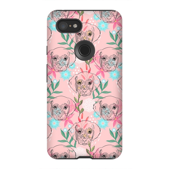 Pixel 3XL StrongFit Cute Puppy Dog and Flowers Pink Creative Art by InovArts