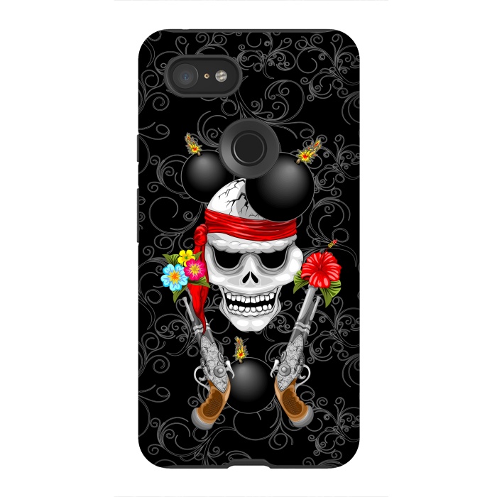 Pixel 3XL StrongFit Pirate Skull, Ancient Guns, Flowers and Cannonballs by BluedarkArt