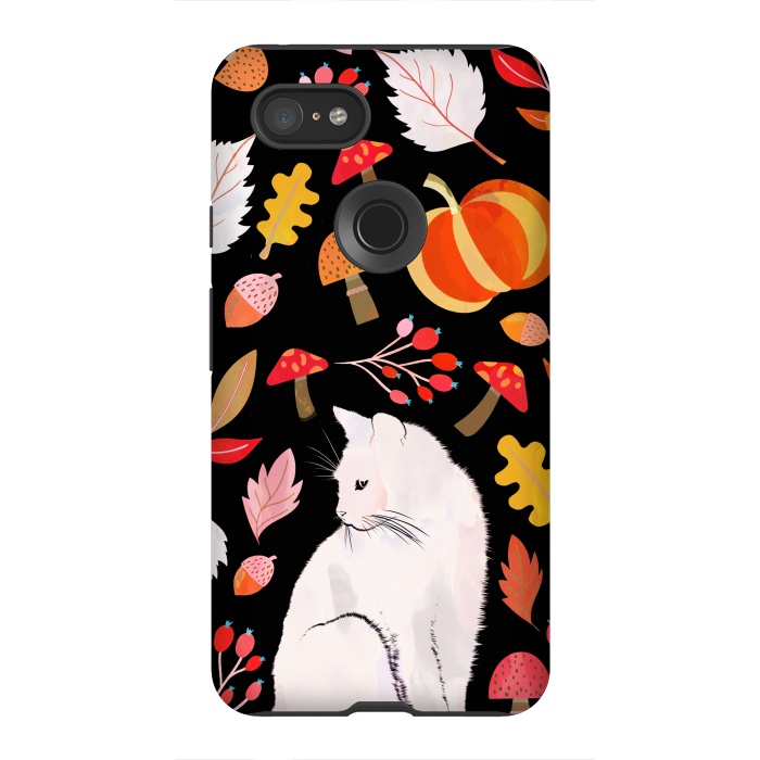 Pixel 3XL StrongFit Autumn nature pattern with white cat by Oana 