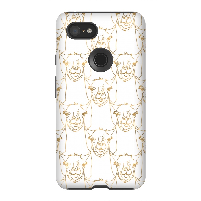 Pixel 3XL StrongFit Cute Gold Strokes Llama Animal White Pattern by InovArts