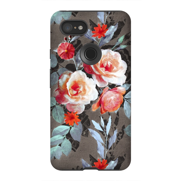 Pixel 3XL StrongFit Retro Rose Chintz in Scarlet, Peach, Sage and Grey by Micklyn Le Feuvre