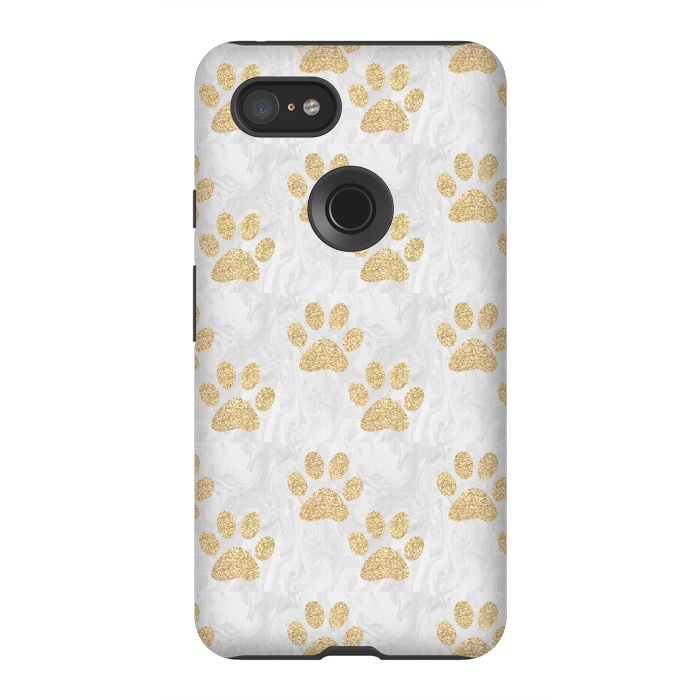 Pixel 3XL StrongFit Gold Paw Prints on Marble by Julie Erin Designs