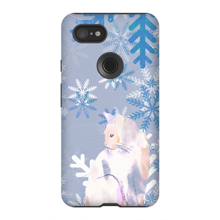 Pixel 3XL StrongFit Cat and metallic blue snowflakes watercolor illustration by Oana 