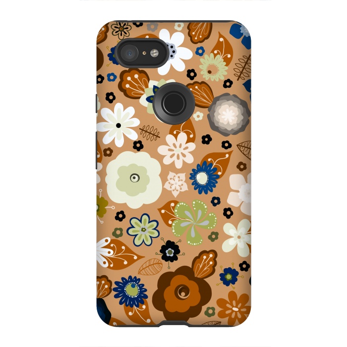 Pixel 3XL StrongFit Kitsch 70s Flowers in Classic Blue and Brown by Paula Ohreen