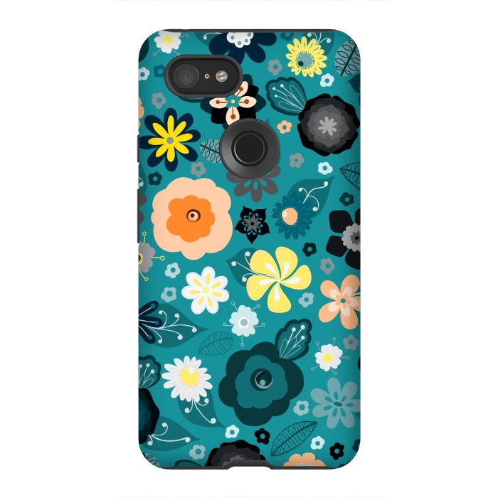 Pixel 3XL StrongFit Kitsch 70s Flowers in Classic Blue and Yellow by Paula Ohreen