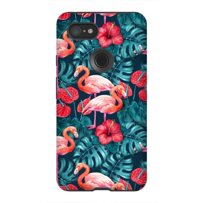 Pixel 3XL StrongFit Flamingo birds and tropical garden watercolor by Katerina Kirilova