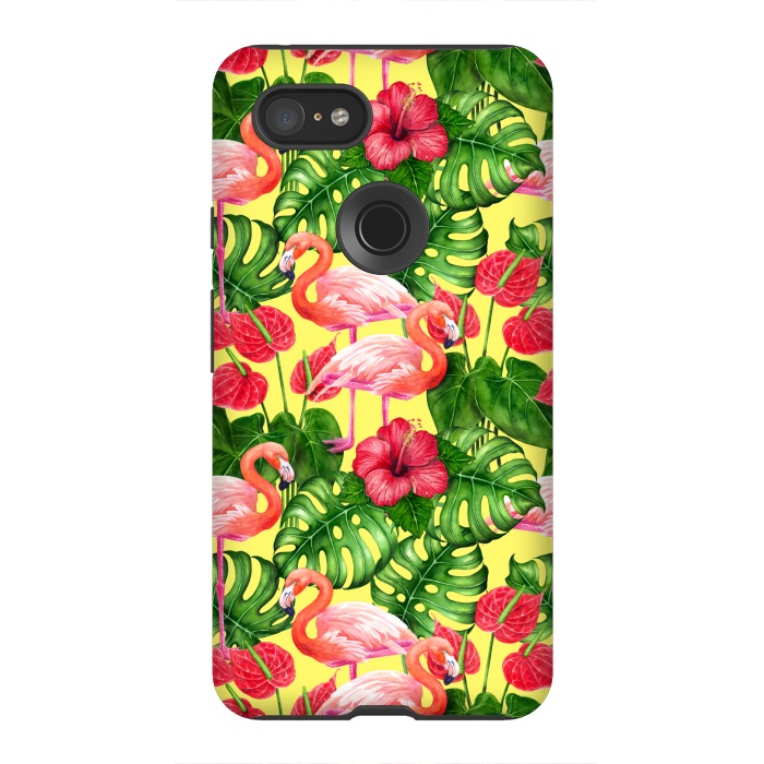 Pixel 3XL StrongFit Flamingo birds and tropical garden watercolor 2 by Katerina Kirilova
