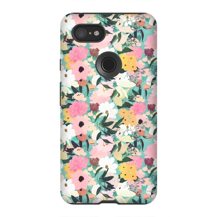 Pixel 3XL StrongFit Pretty Watercolor Pink & White Floral Green Design by InovArts