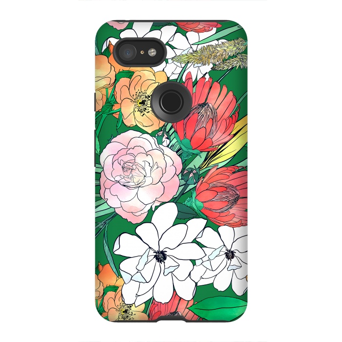 Pixel 3XL StrongFit Colorful Hand Drawn Flowers Green Girly Design by InovArts