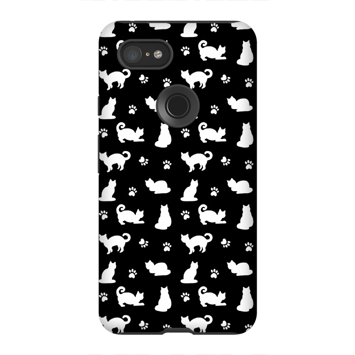 Pixel 3XL StrongFit Black and White Cats and Paw Prints Pattern by Julie Erin Designs