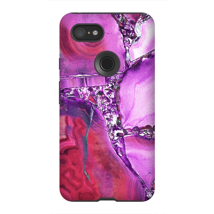 Pixel 3XL StrongFit Vibrant red pink geode and rhinestones by Oana 