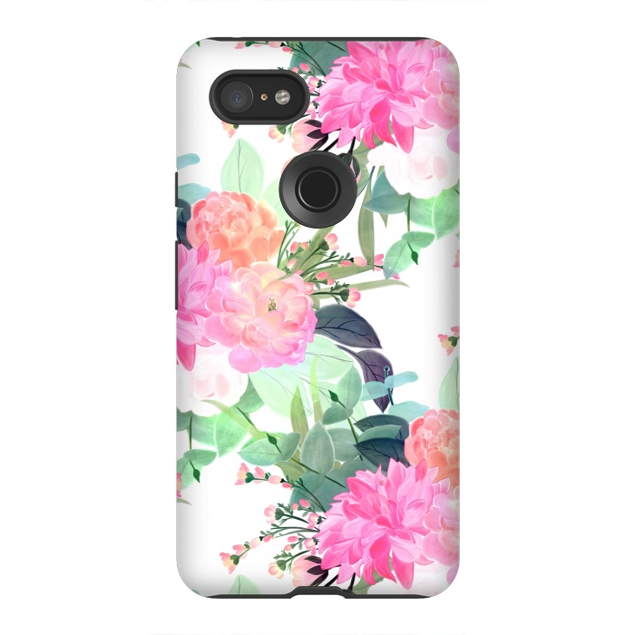 Pixel 3XL StrongFit Girly Pink & White Flowers Watercolor Paint by InovArts