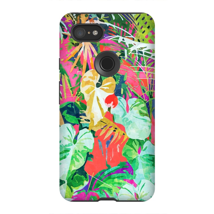 Pixel 3XL StrongFit Find Me Where The Tropical Things Are | Jungle Botanical Palm Colorful Painting by Uma Prabhakar Gokhale