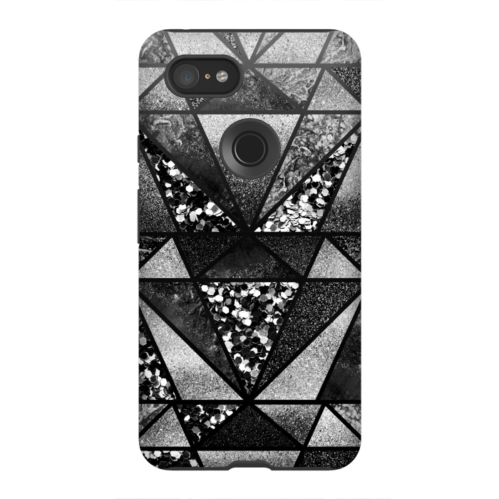 Pixel 3XL StrongFit Black and silver glitter sparkle triangles by Oana 