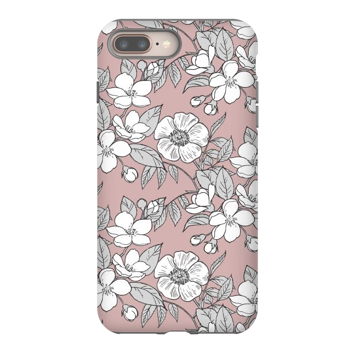 iPhone 7 plus StrongFit White Cherry flowers line art drawing on pink by Oana 