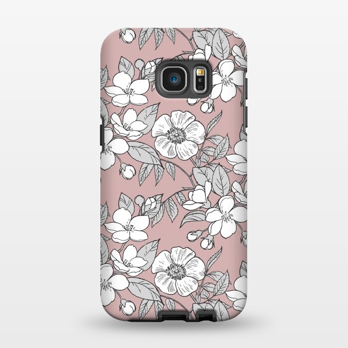 Galaxy S7 EDGE StrongFit White Cherry flowers line art drawing on pink by Oana 