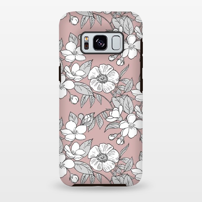 Galaxy S8 plus StrongFit White Cherry flowers line art drawing on pink by Oana 