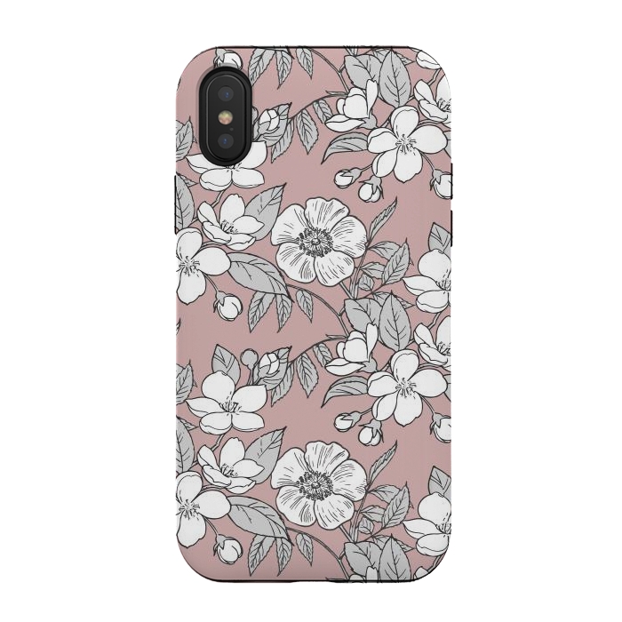 iPhone Xs / X StrongFit White Cherry flowers line art drawing on pink by Oana 
