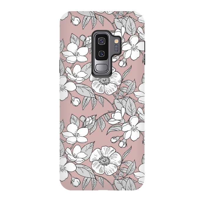 Galaxy S9 plus StrongFit White Cherry flowers line art drawing on pink by Oana 