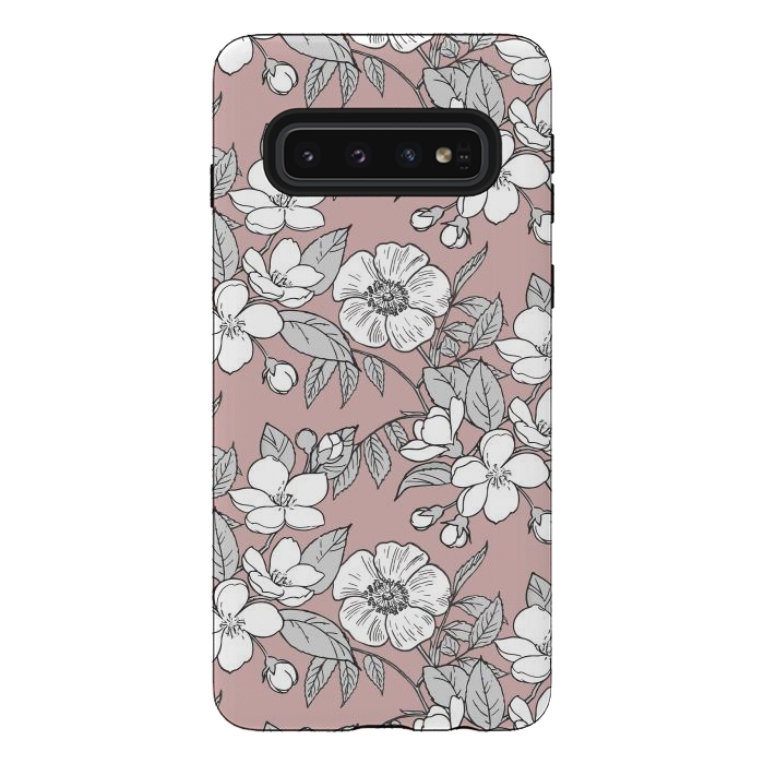 Galaxy S10 StrongFit White Cherry flowers line art drawing on pink by Oana 