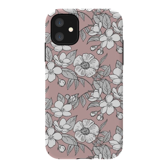 iPhone 11 StrongFit White Cherry flowers line art drawing on pink by Oana 