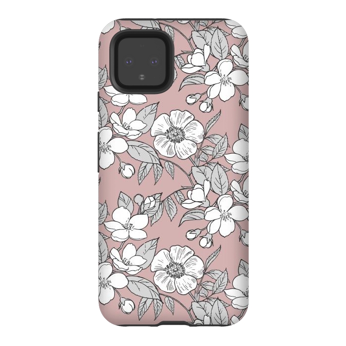 Pixel 4 StrongFit White Cherry flowers line art drawing on pink by Oana 
