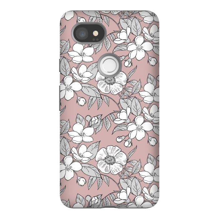 Pixel 2XL StrongFit White Cherry flowers line art drawing on pink by Oana 
