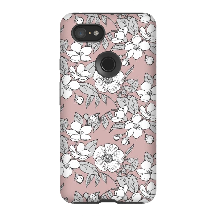 Pixel 3XL StrongFit White Cherry flowers line art drawing on pink by Oana 