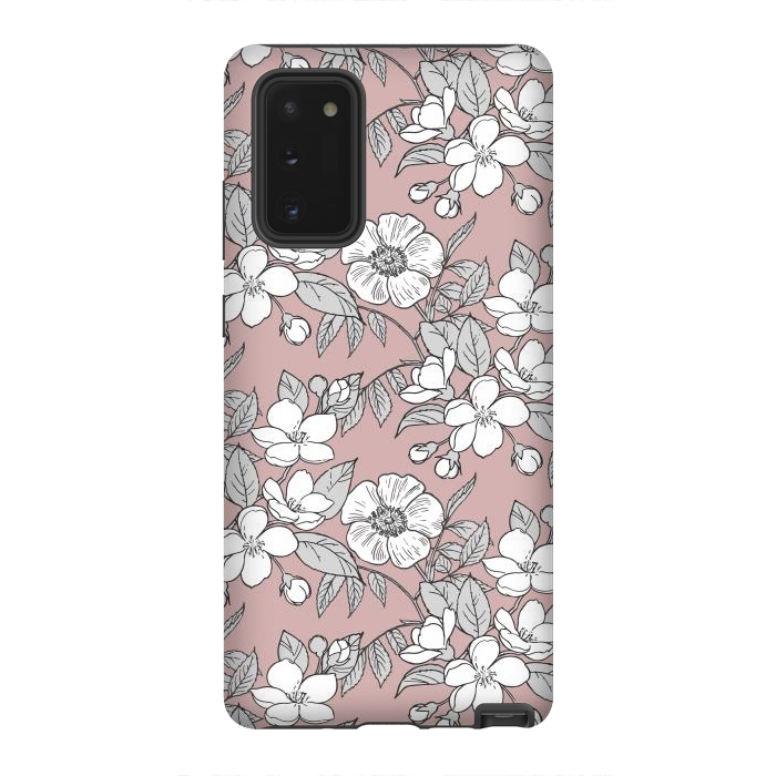 Galaxy Note 20 StrongFit White Cherry flowers line art drawing on pink by Oana 