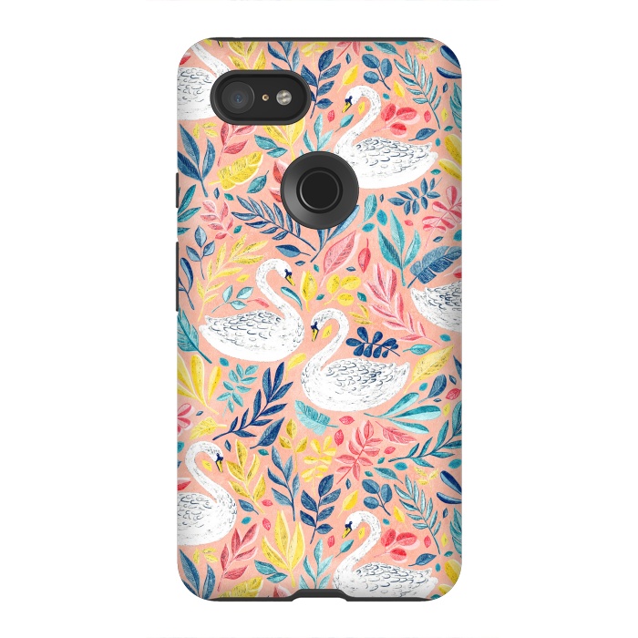 Pixel 3XL StrongFit Whimsical White Swans and Colorful Leaves on Pale Peach Pink by Micklyn Le Feuvre