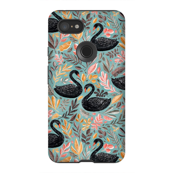 Pixel 3XL StrongFit Bonny Black Swans with Autumn Leaves on Sage by Micklyn Le Feuvre