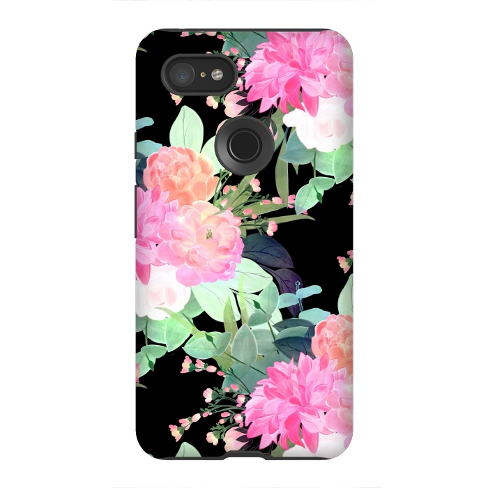 Pixel 3XL StrongFit Trendy Pink & Black Flowers Watercolor Design by InovArts