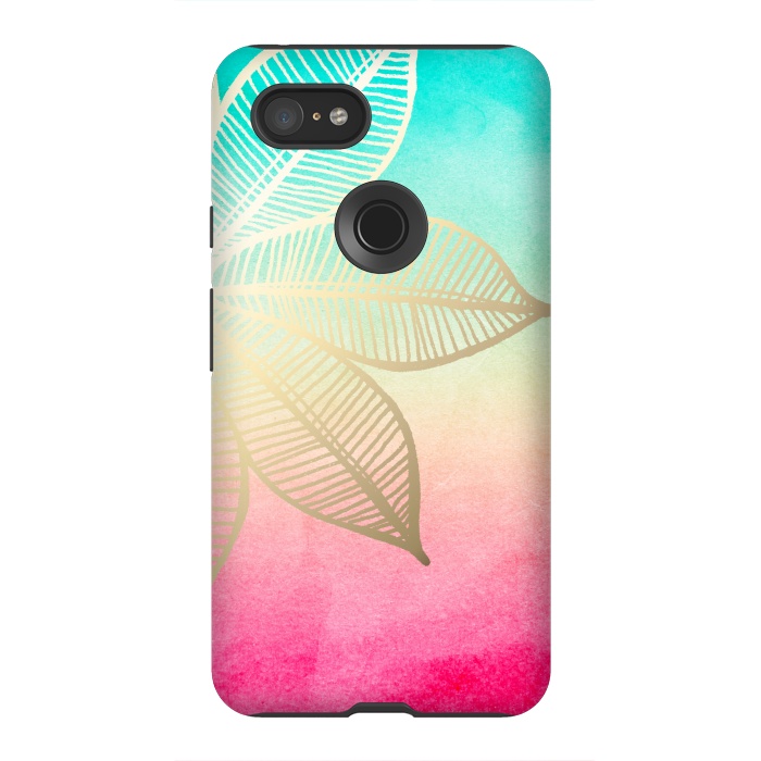 Pixel 3XL StrongFit Gold Flower on Turquoise and Pink Watercolor by Tangerine-Tane
